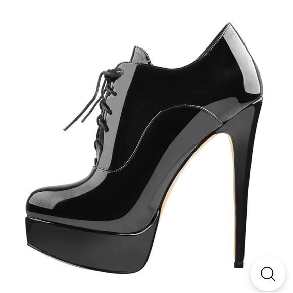 Platform Lace Up Stiletto High Heels Black Patent Leather Ankle Bootie - Picture 2 of 4